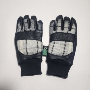 LL BEAN DEERSKIN LEATHER GLOVES WOMEN PLAID WOOL MEDIUM BLACK GRAY